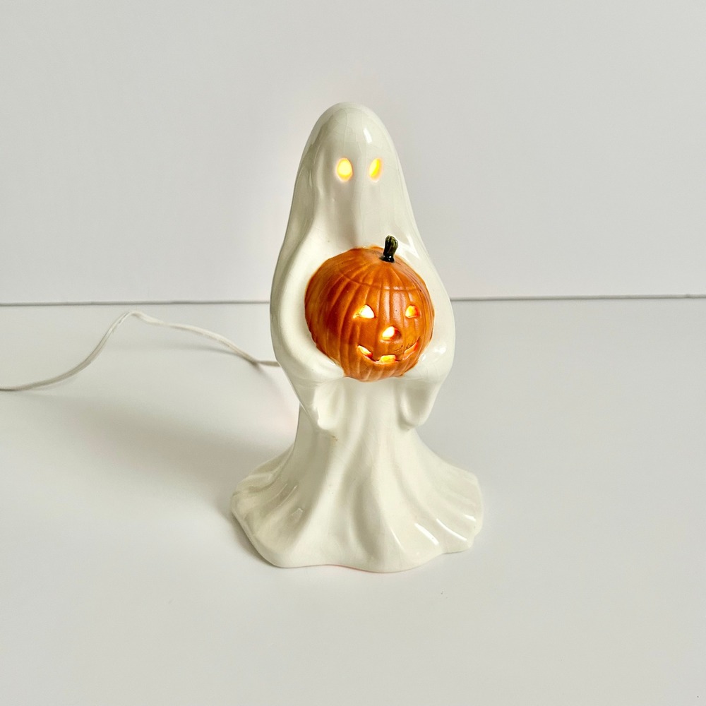 Vintage 1970s Ceramic Ghost Light Lamp White Halloween Pumpkin Spooky Glow Decor